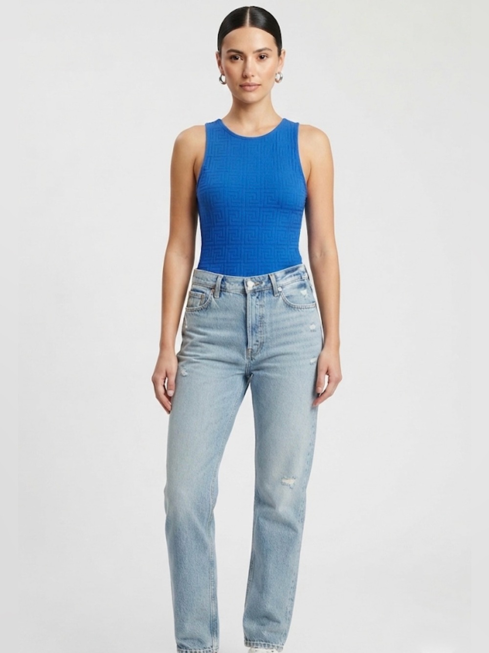 FCT Basics Geometric Textured Sleeveless Bodysuit - Blue - Size XL